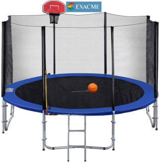Exacme round T14 trampoline with basketball hoop and ladder on comparison