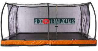 JumpPower In ground trapoline, rectangle shaped trampoline with enclosure and orange trampoline safety pad