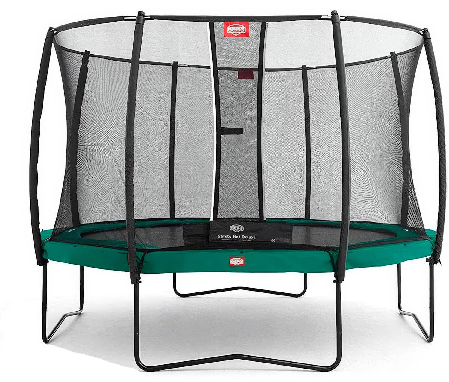 A green round trampoline with black safety net and sturdy arched legs, suitable for outdoor use.