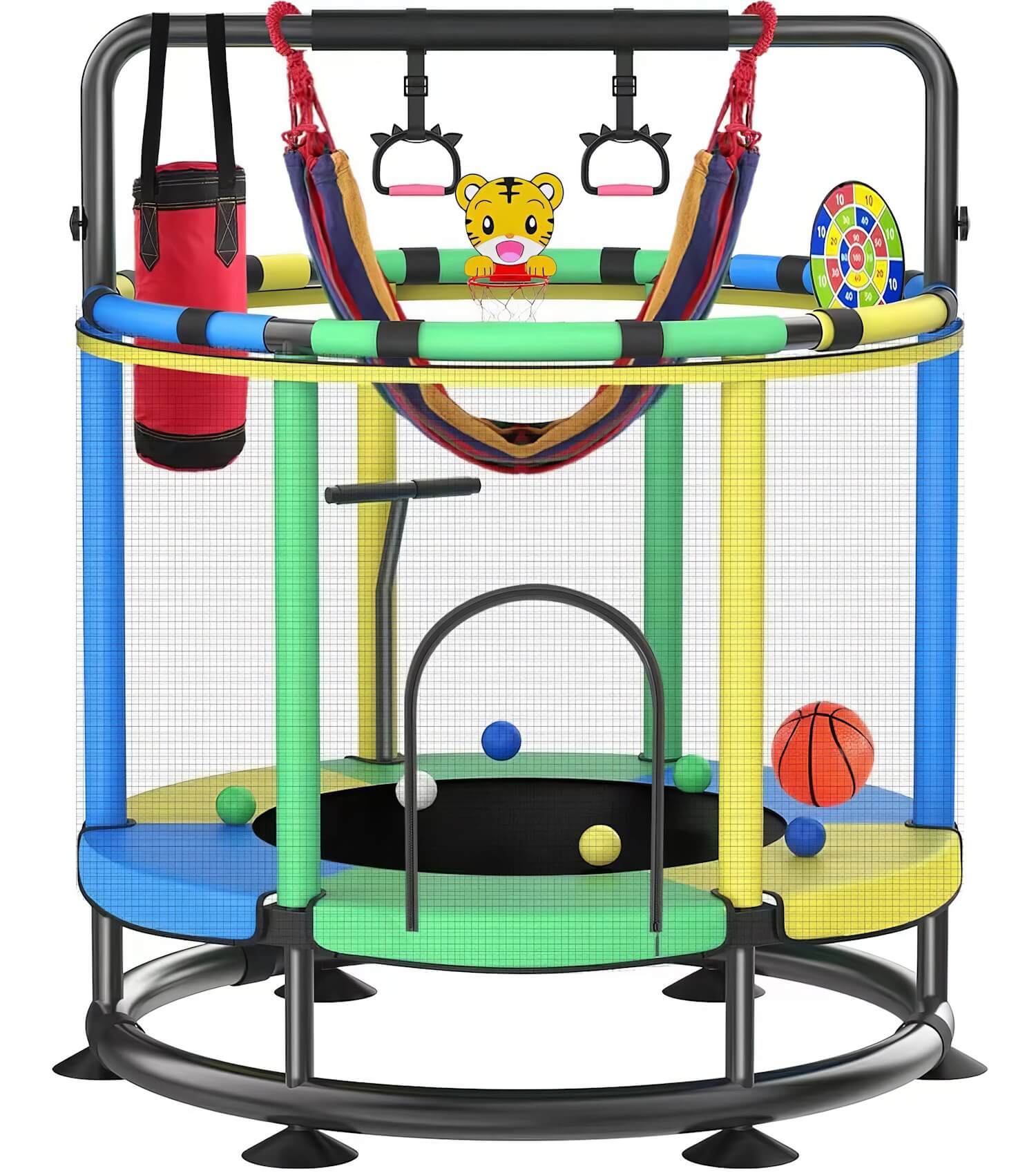 A colorful toddler trampoline with safety net, hammock, punching bag, basketball hoop, and interactive play toys, designed for young children.