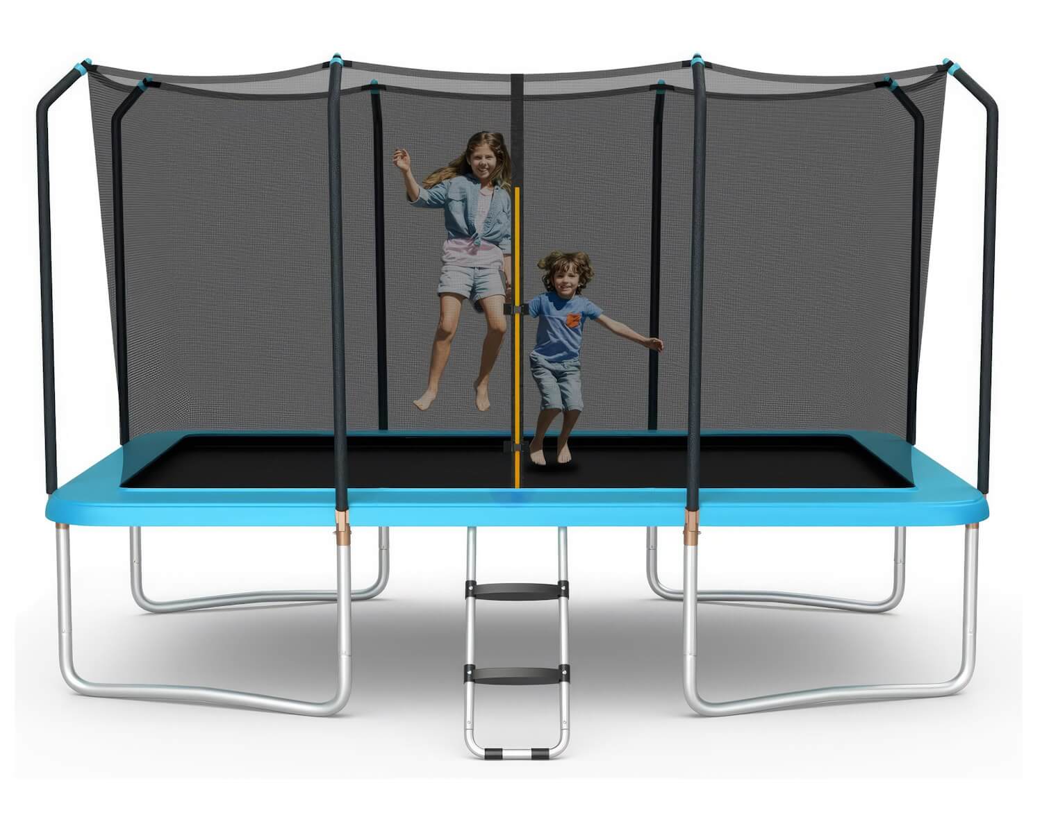 A large rectangular trampoline with a black safety enclosure, featuring a built-in ladder for accessibility and enough space for multiple jumpers.