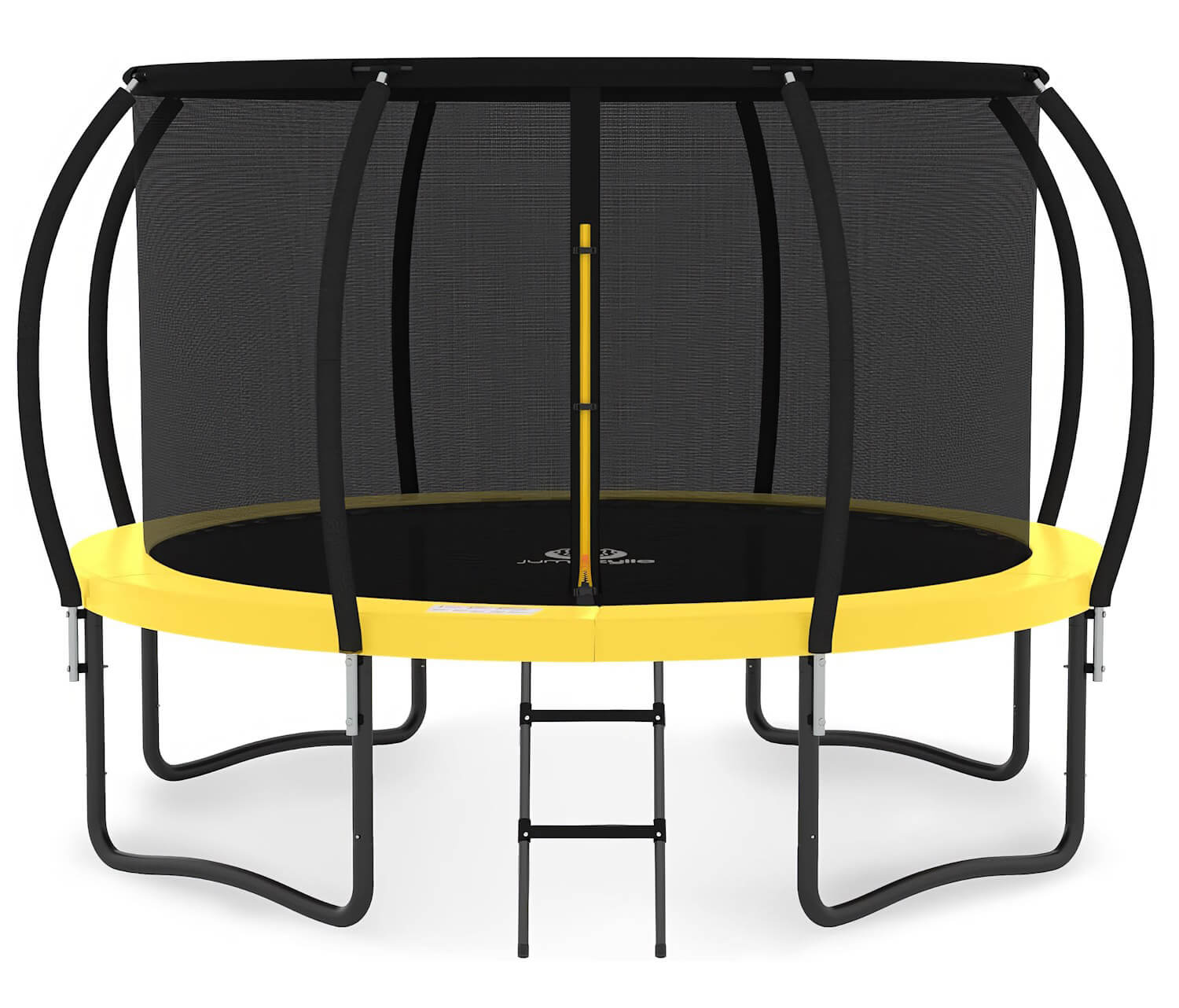 A yellow and black circular trampoline with safety net and ladder, designed for durability and fun outdoor use.