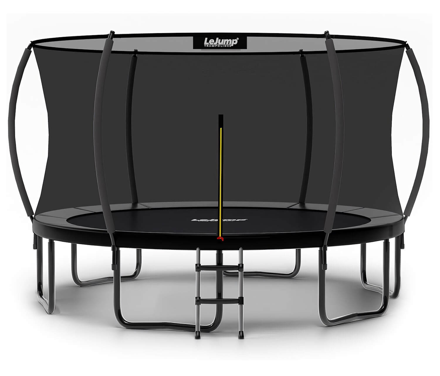 A modern black trampoline with a safety enclosure and built-in ladder, suitable for families and larger outdoor spaces.