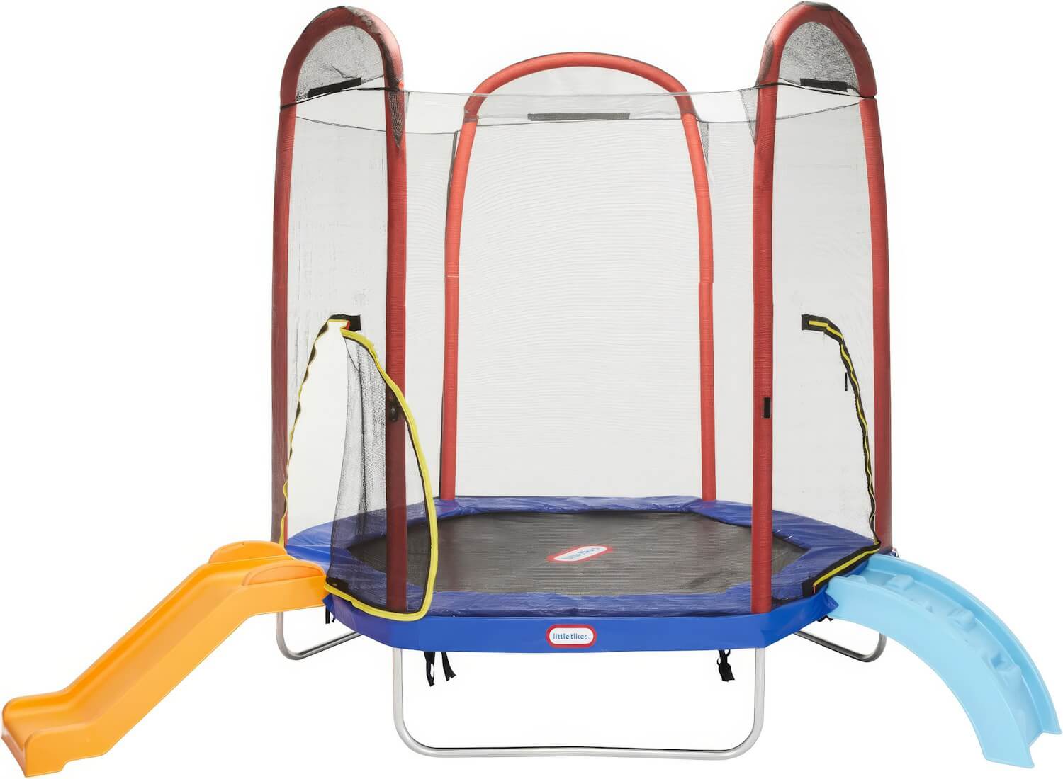 A colorful trampoline for kids with a safety enclosure and dual slides in yellow and blue, ideal for outdoor fun.