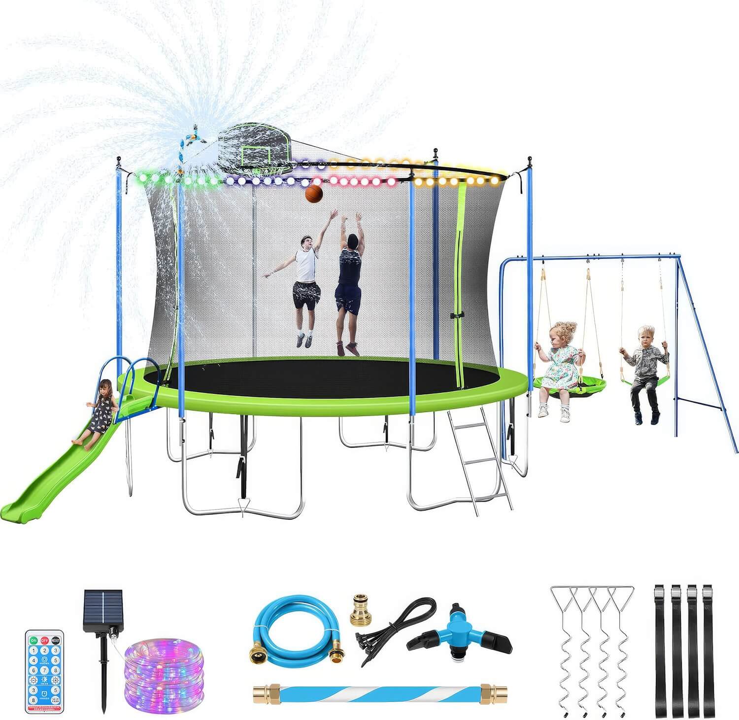 A large green trampoline with a safety net, basketball hoop, swings, and slide, accompanied by fun water features and accessories.