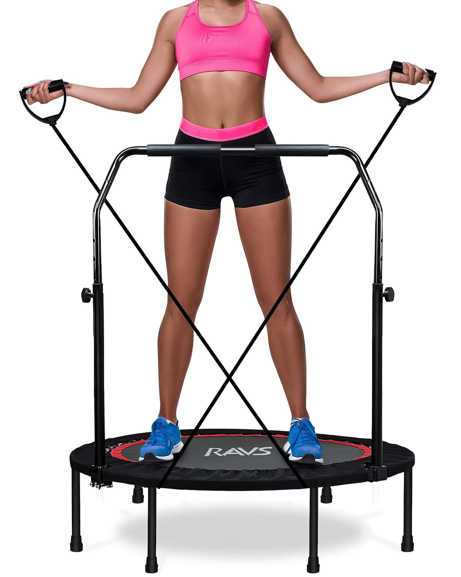 A fitness mini trampoline with a sturdy handlebar, resistance bands, and a sleek black and red design for indoor exercise.