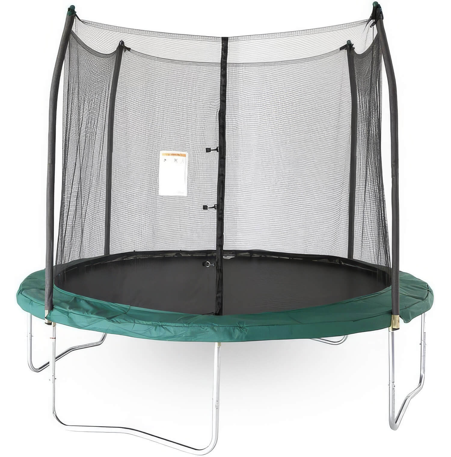 A traditional round trampoline with a green and black safety enclosure, built for outdoor enjoyment.