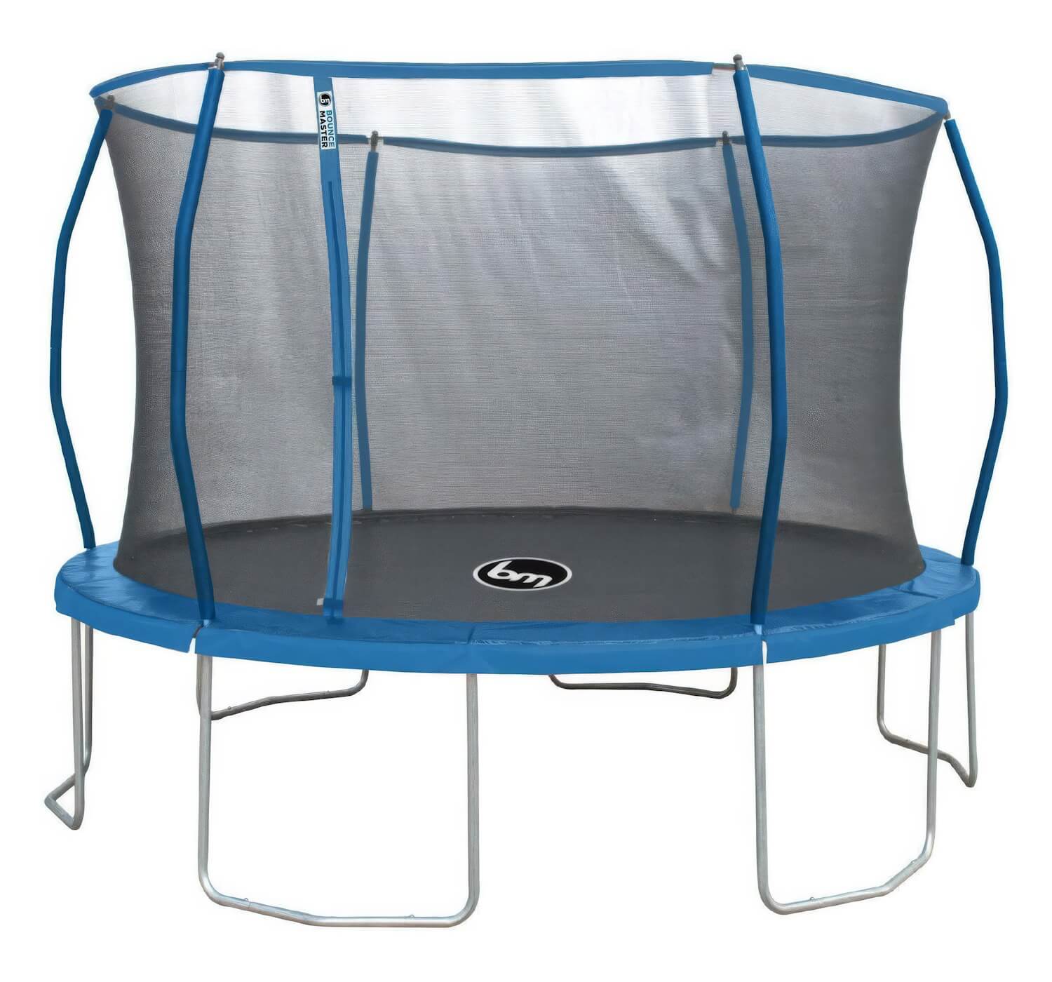 A round blue trampoline with a safety net and sturdy metal frame, ideal for outdoor use.