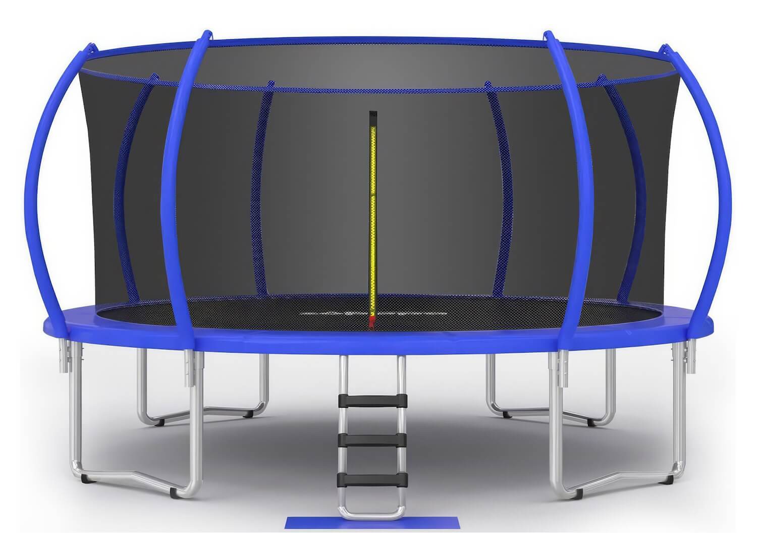 A spacious round blue trampoline with a safety enclosure, ladder, and sturdy frame, suitable for family fun and fitness.