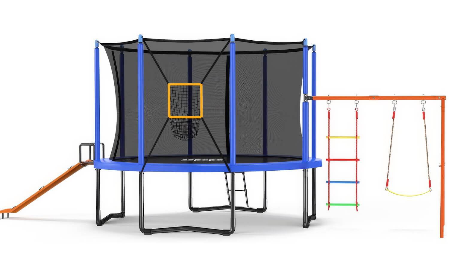 A multifunctional trampoline set including a blue trampoline, slide, swings, and climbing equipment, perfect for kids' outdoor activities.