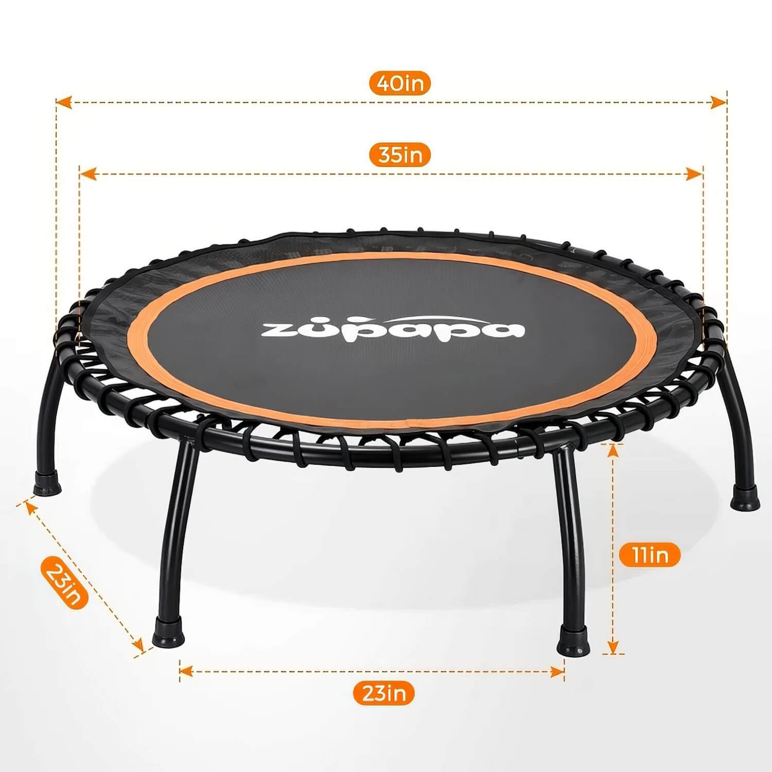 A round Zupapa rebounder in black and orange, featuring a compact design with bungee cords and sturdy legs for low-impact workouts.